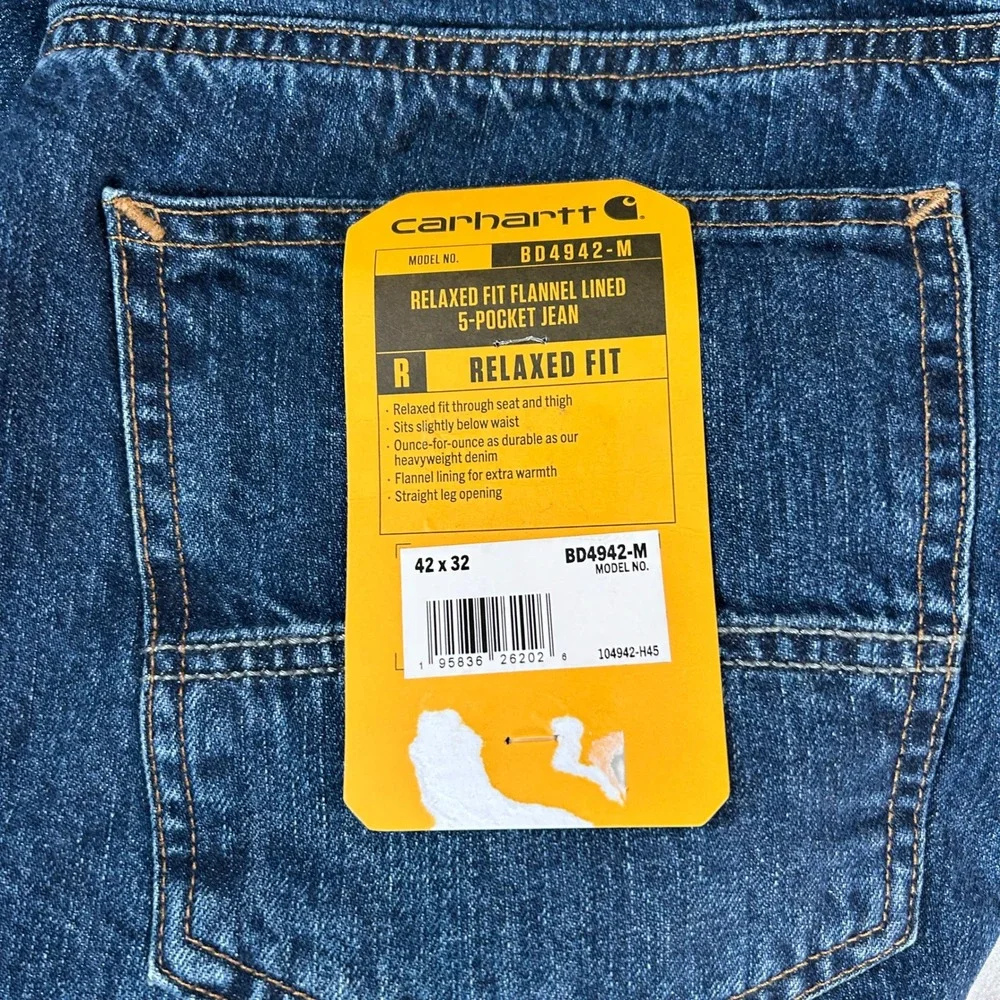 Carhartt BD4942-M Relaxed Fit Flannel Lined Jeans Mens 42x32 Dark Wash Blue NEW